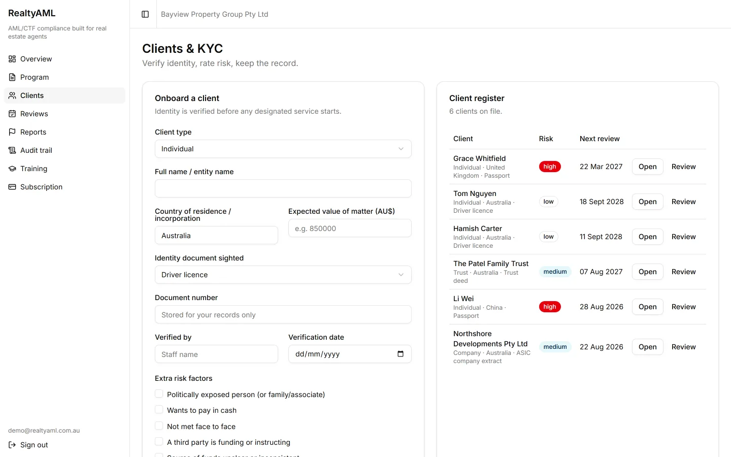 Clients screen: onboarding form with risk factors and the client register with risk badges and review dates.