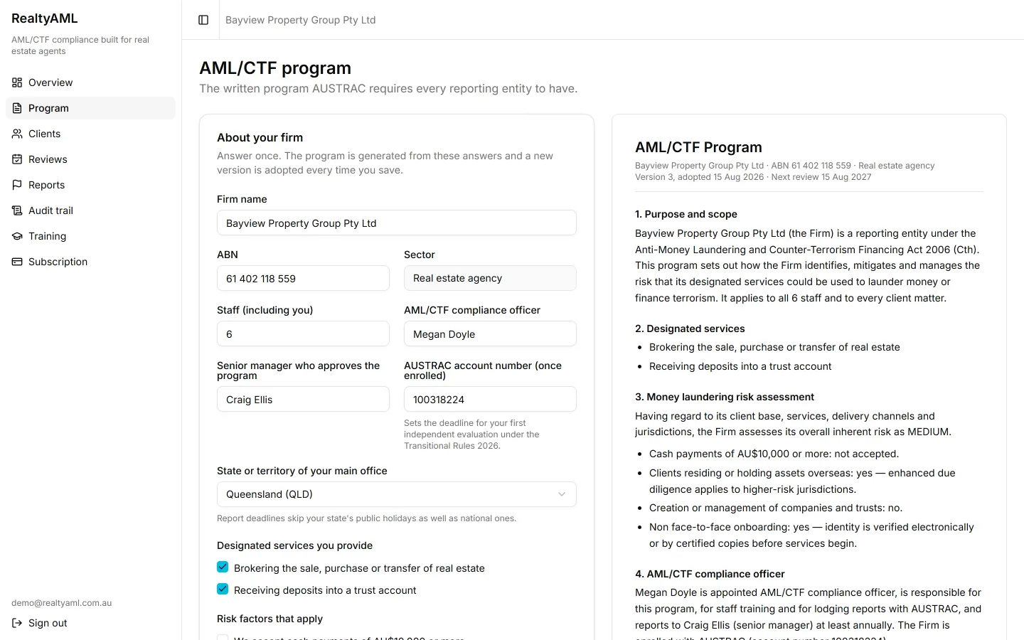 Program screen: the questionnaire on the left and the generated AML/CTF program on the right.