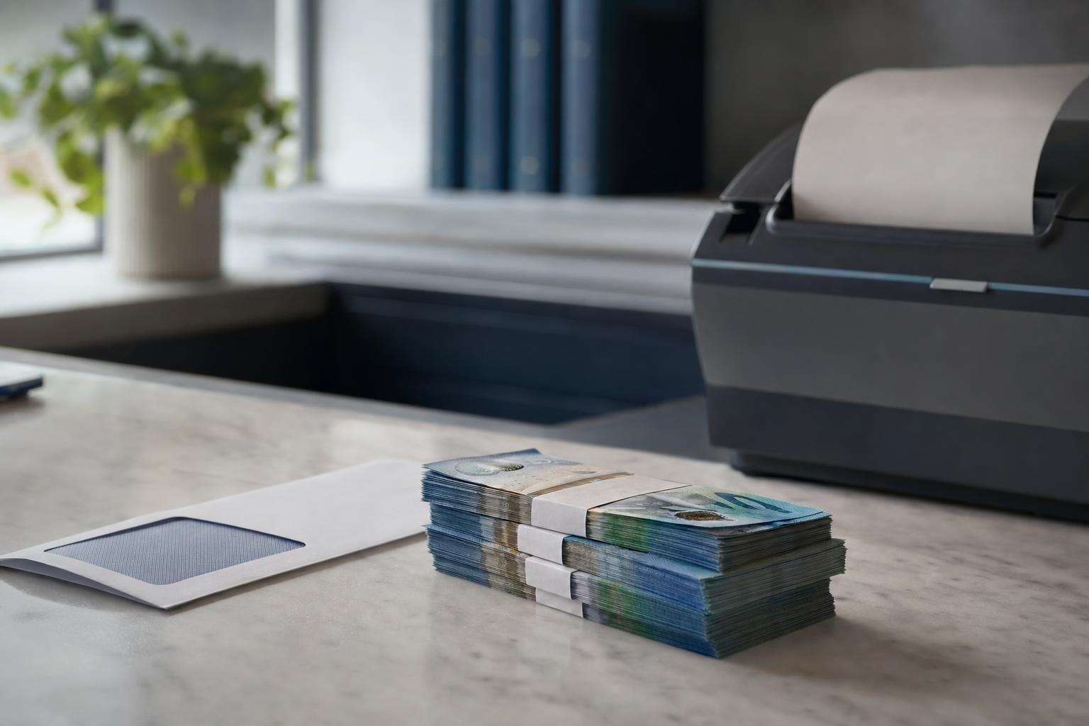 Banded stacks of polymer banknotes beside a deposit envelope and a receipt printer on a counter.