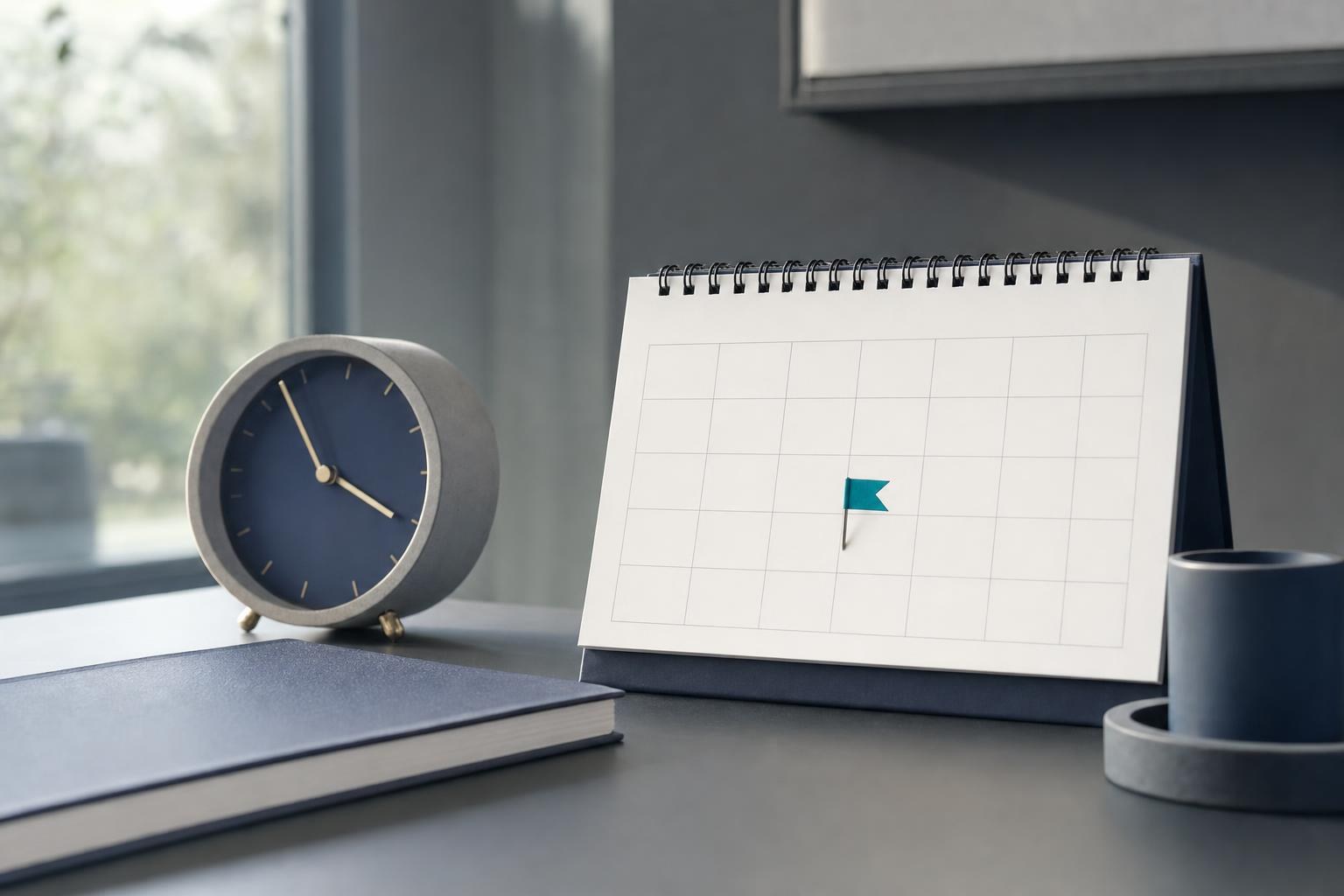 A desk calendar with one day marked with a small teal flag, next to an analogue desk clock.
