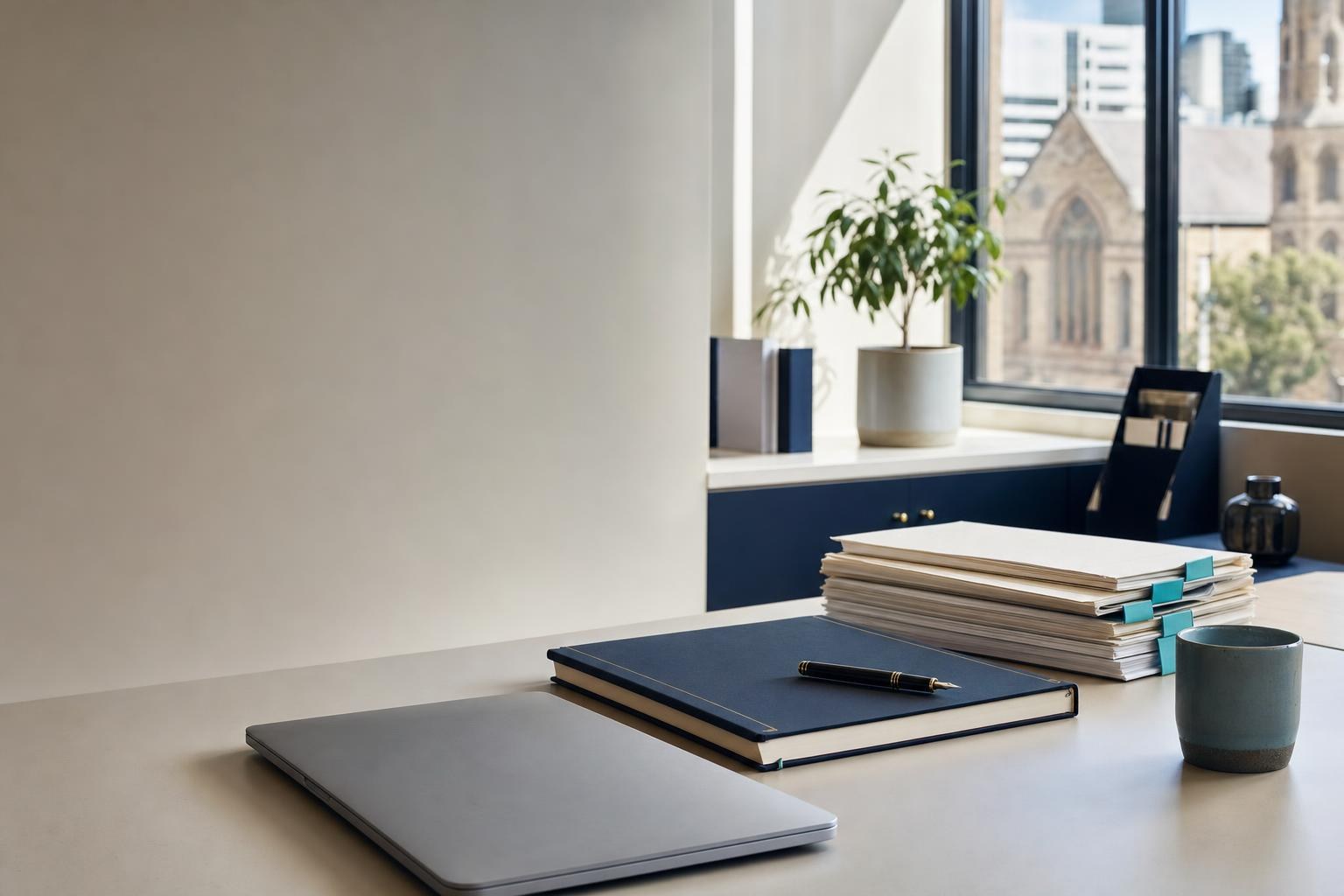A tidy accounting practice desk with a closed laptop, a navy ledger and client folders with teal tabs, city buildings in the window.