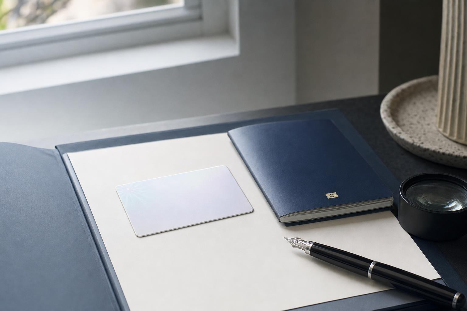 A blank identification card and a navy passport on an open client folder, with a loupe and a fountain pen.
