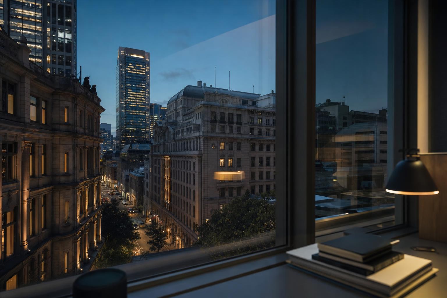 An Australian city business district at dusk seen from an office window.